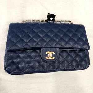 Navy Chanel Leather Chain-Handle Bag